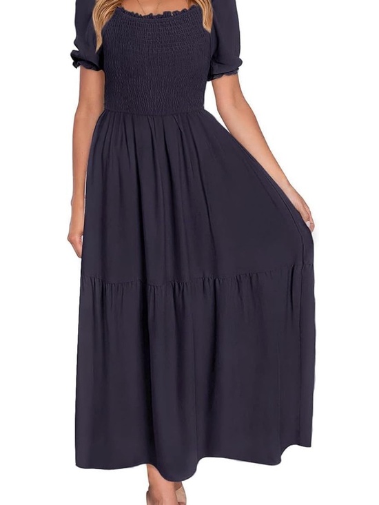 Zesica Dresses & Skirts - Smocked Bodice Navy Maxi Dress with Puff Sleeves
